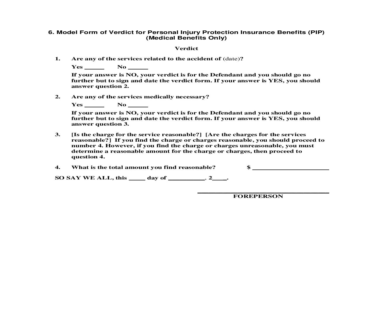 6. Model Form of Verdict for Personal Injury Protection Insurance Benefits (PIP) (Medical Benefits Only) | Pdf Doc Docx | Florida_JI
