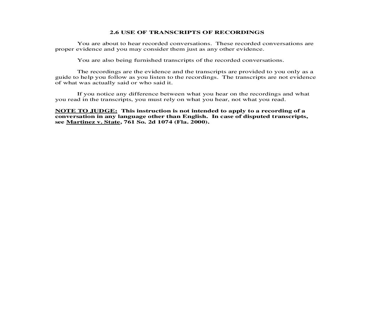 2.6. Use of Transcripts of Recordings | Pdf Doc Docx | Florida_JI