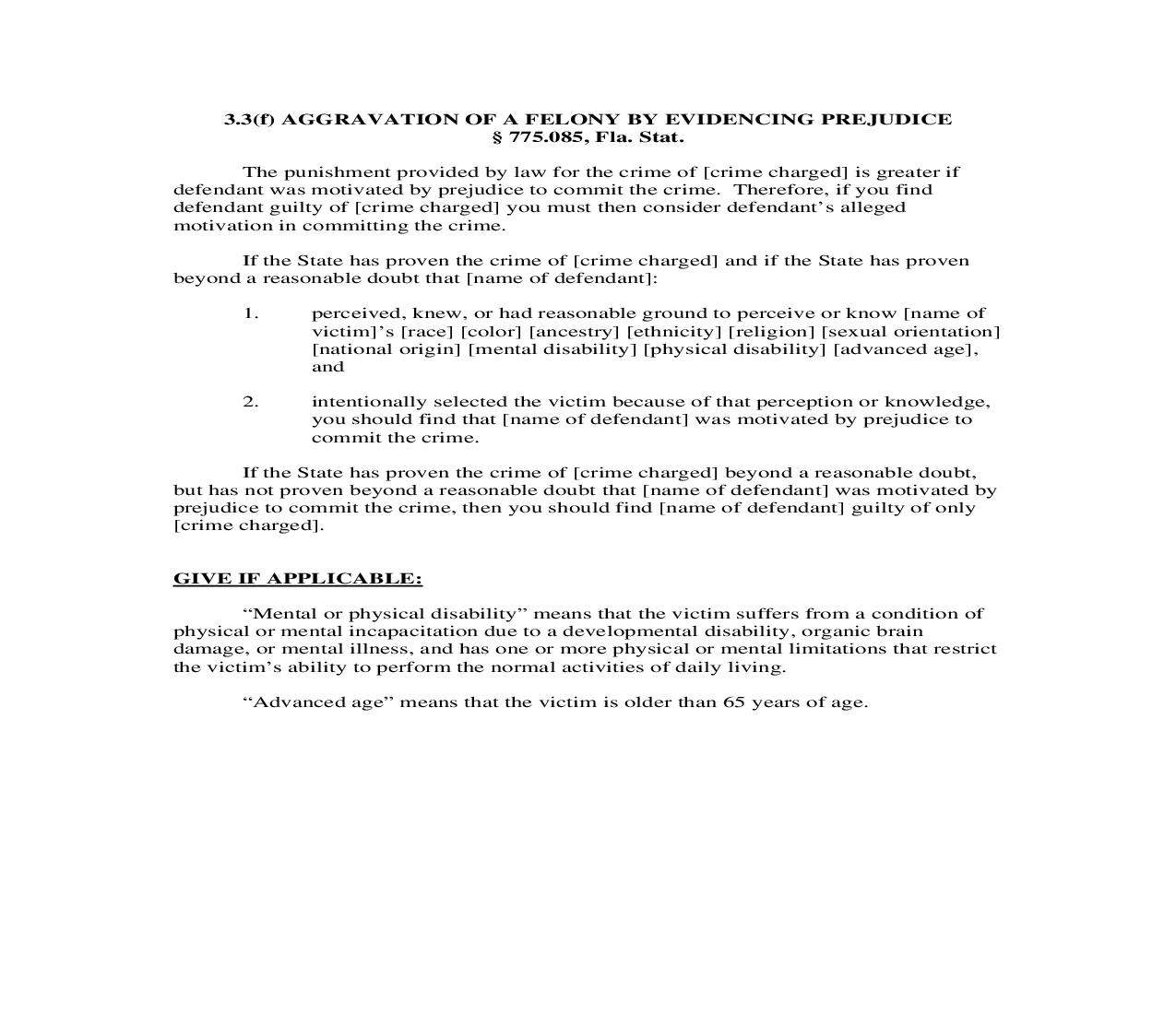 3.3(f). Aggravation of a Felony by Evidencing Prejudice | Pdf Doc Docx | Florida_JI