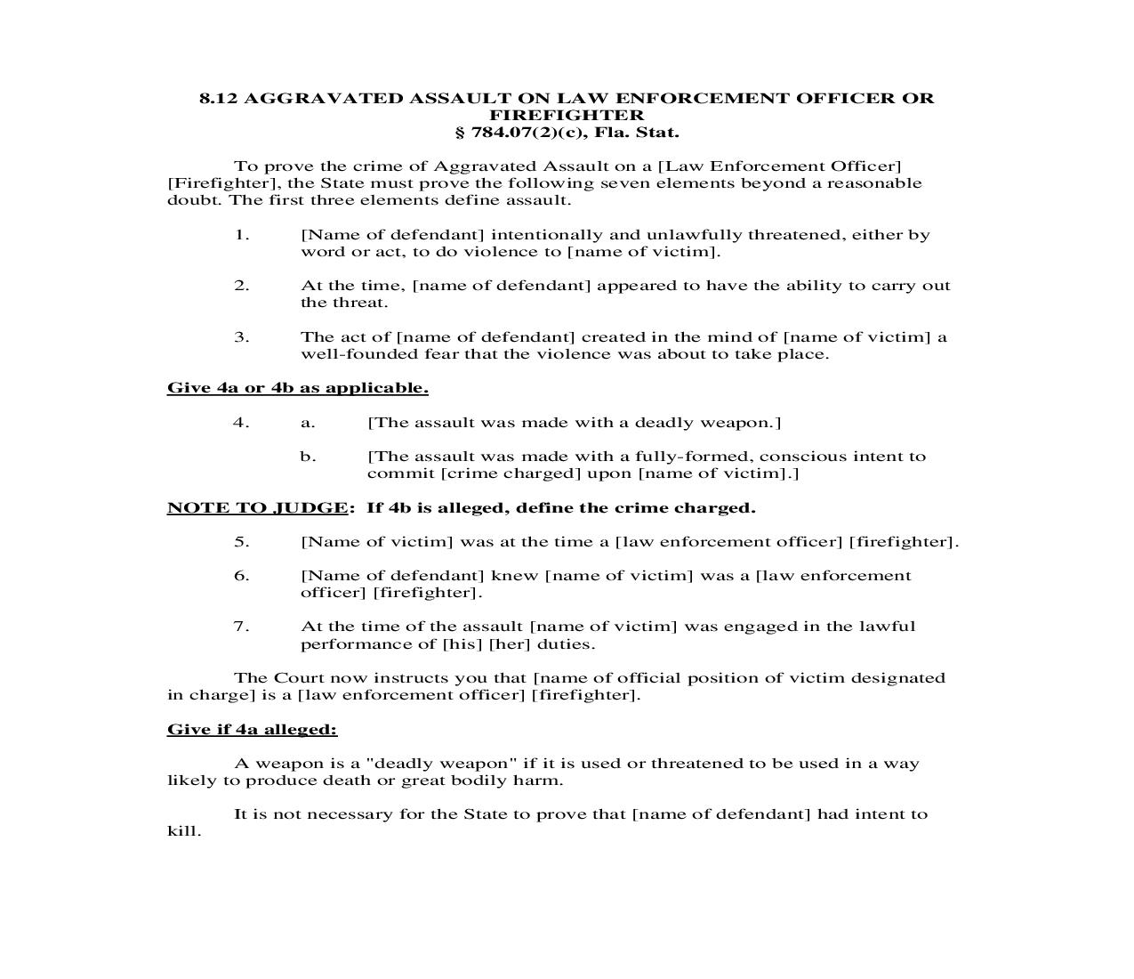 8.12. Aggravated Assault On Law Enforcement Officer Or Firefighter | Pdf Doc Docx | Florida_JI