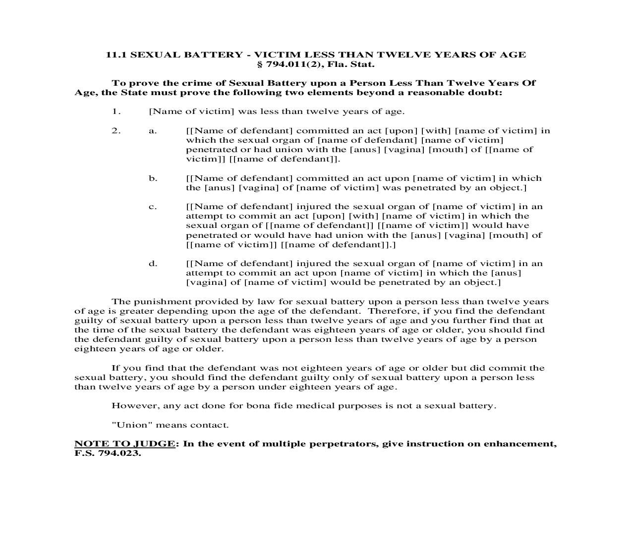 11.1. Sexual Battery - Victim Less Than Twelve Years Of Age | Pdf Doc Docx | Florida_JI