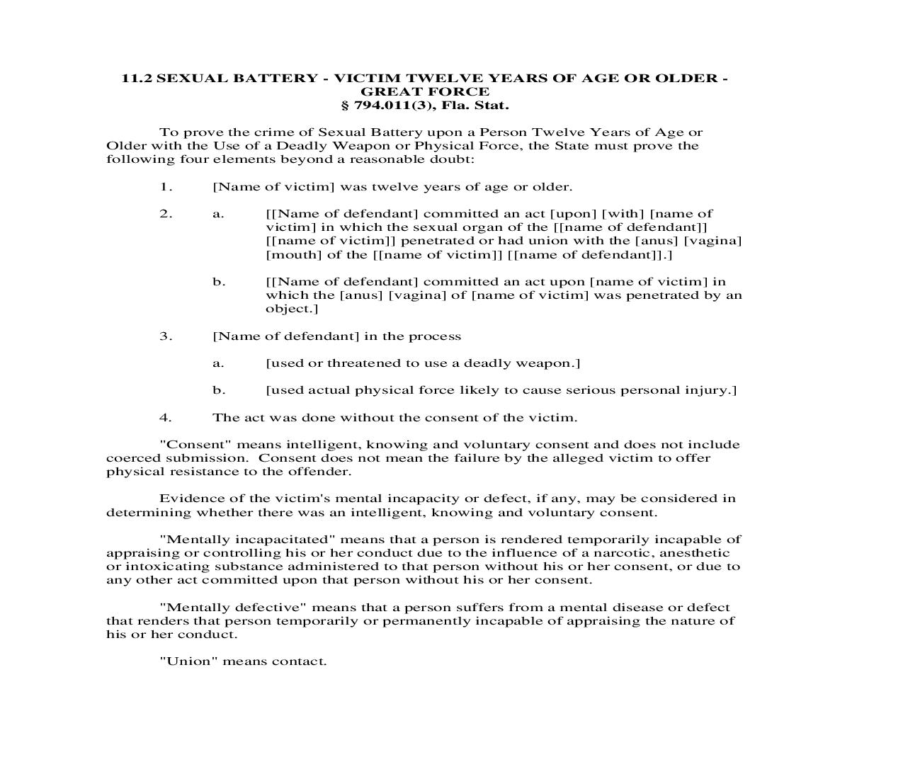 11.2. Sexual Battery - Victim Twelve Years Of Age Or Older Great Force | Pdf Doc Docx | Florida_JI