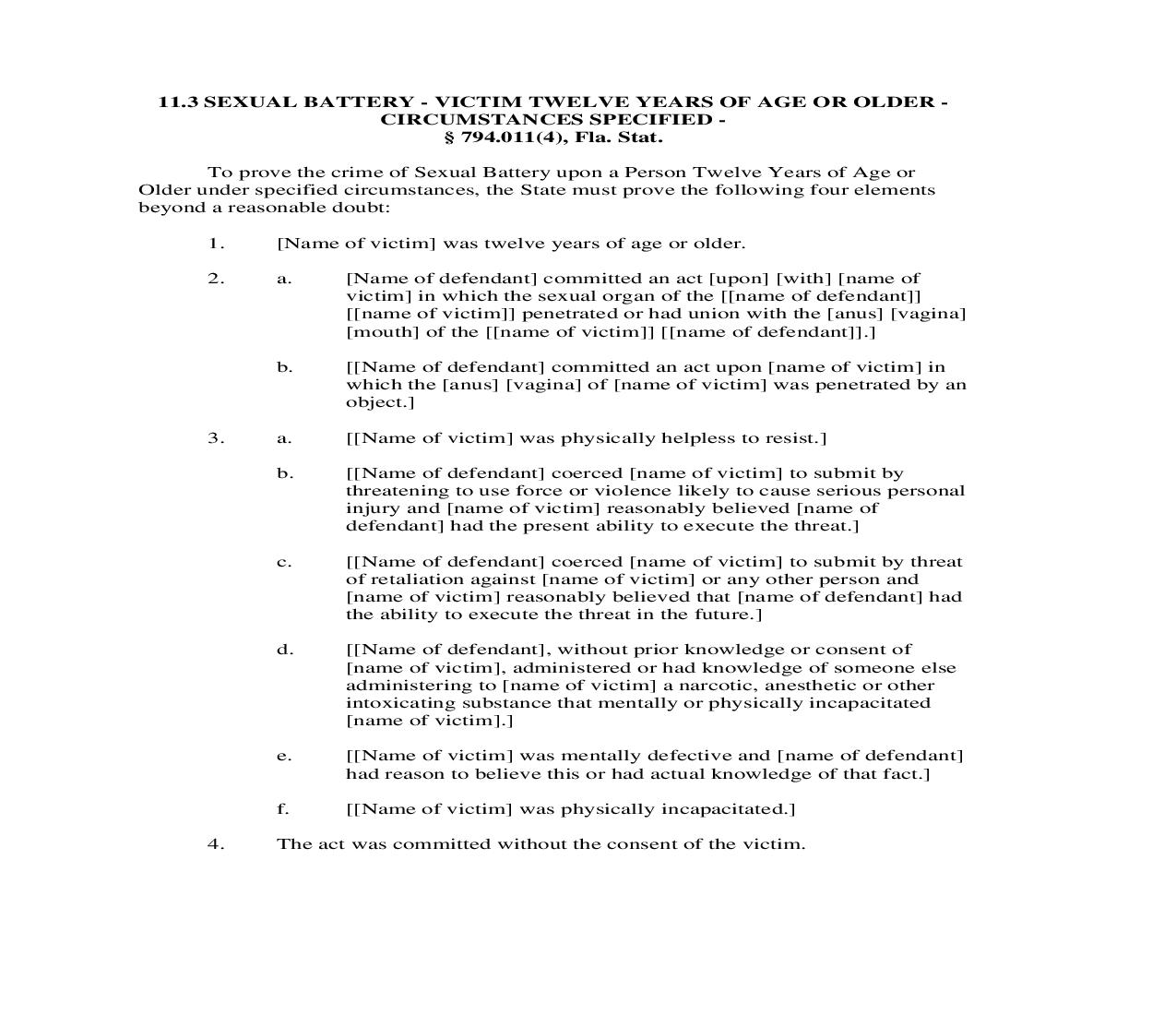 11.3. Sexual Battery - Victim Twelve Years Of Age Or Older Circumstances Specified | Pdf Doc Docx | Florida_JI