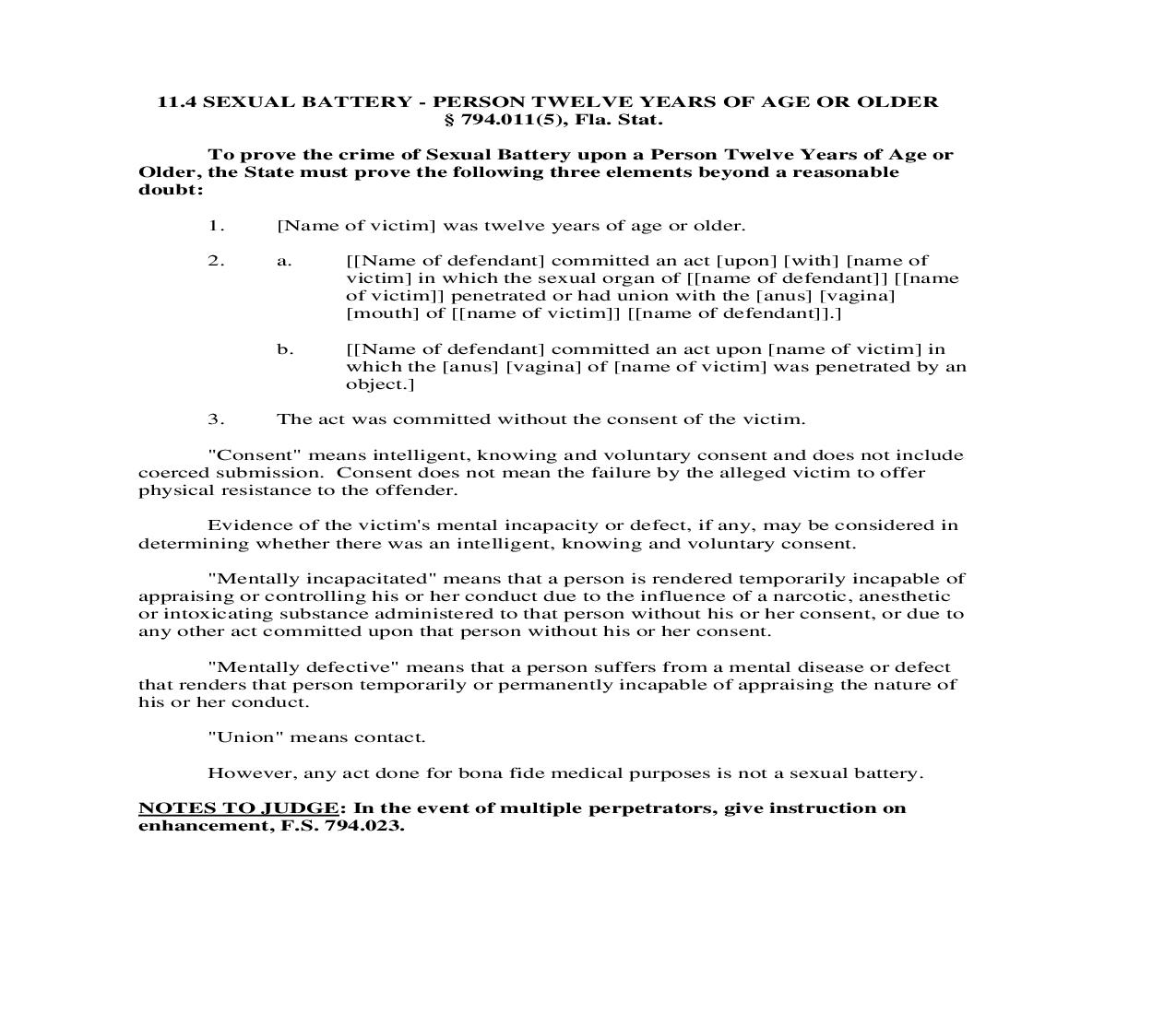 11.4. Sexual Battery - Person Twelve Years Of Age Or Older | Pdf Doc Docx | Florida_JI