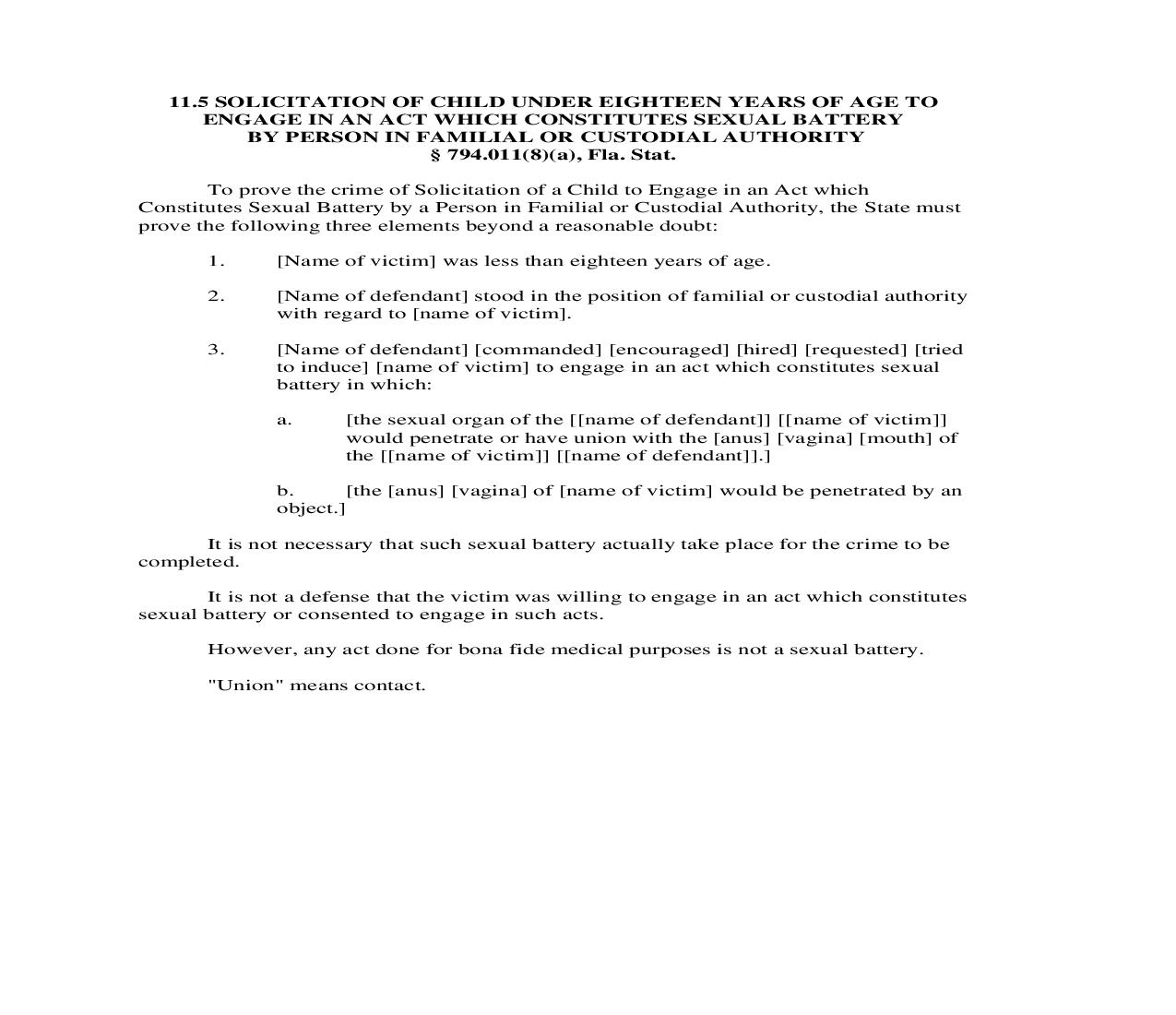 11.5. Solicitation Of Child Under Eighteen Years Of Age To Engage In An Act Which Constitutes Sexual Battery By Person In Familial Or Custodial Authority | Pdf Doc Docx | Florida_JI