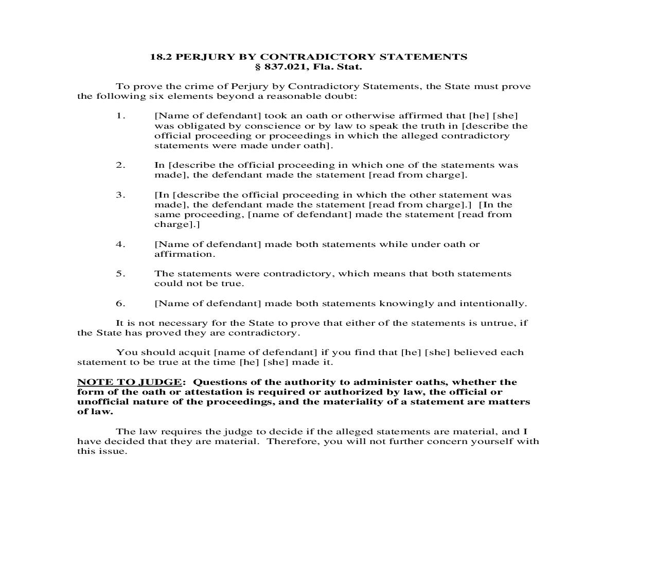 18.2. Perjury By Contradictory Statements | Pdf Doc Docx | Florida_JI