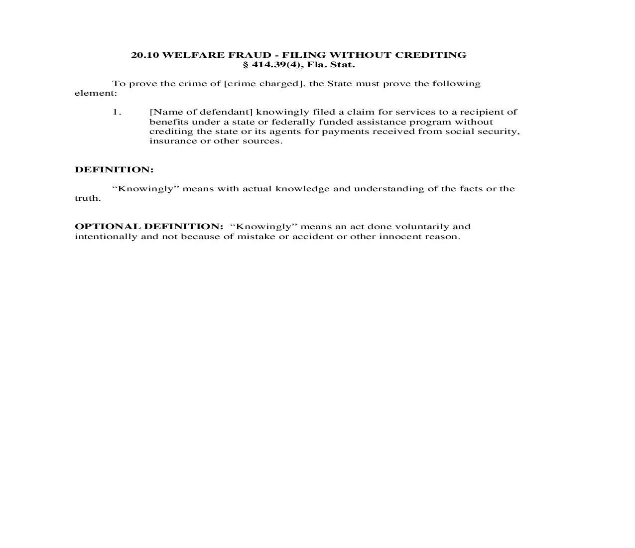 20.10. Welfare Fraud - Filing Without Crediting | Pdf Doc Docx | Florida_JI