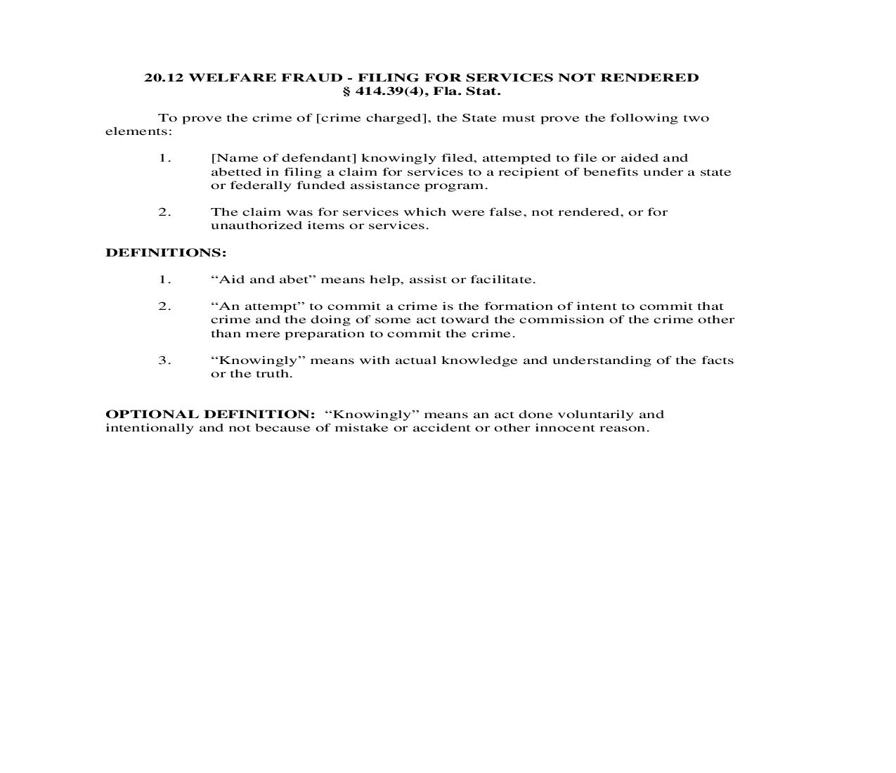 20.12. Welfare Fraud - Filing For Services Not Rendered | Pdf Doc Docx | Florida_JI