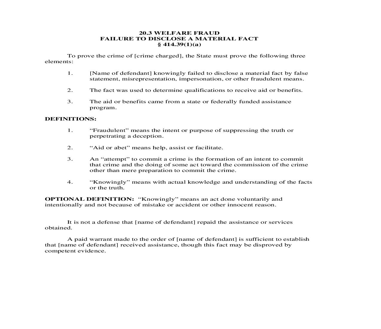 20.3. Welfare Fraud Failure To Disclose A Material Fact | Pdf Doc Docx | Florida_JI