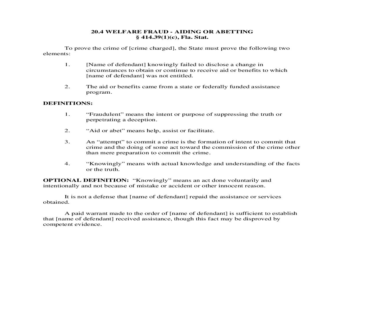 20.4. Welfare Fraud - Aiding Or Abetting | Pdf Doc Docx | Florida_JI