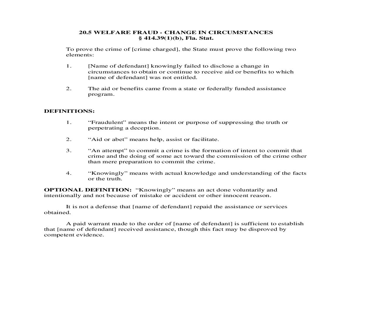 20.5. Welfare Fraud - Change In Circumstances | Pdf Doc Docx | Florida_JI