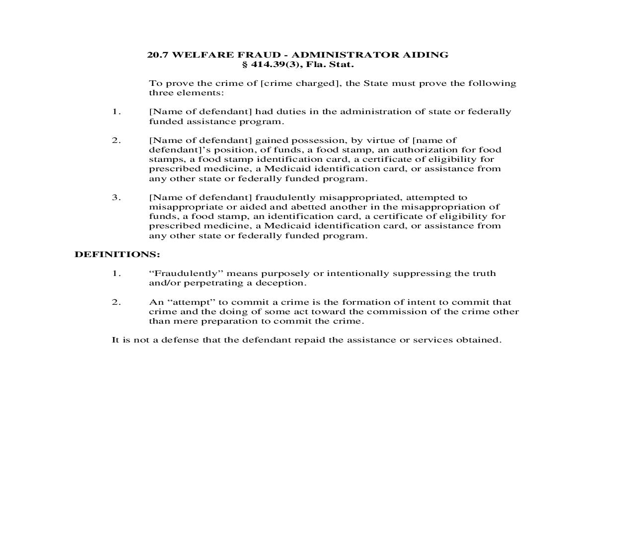 20.7. Welfare Fraud - Administrator Aiding | Pdf Doc Docx | Florida_JI