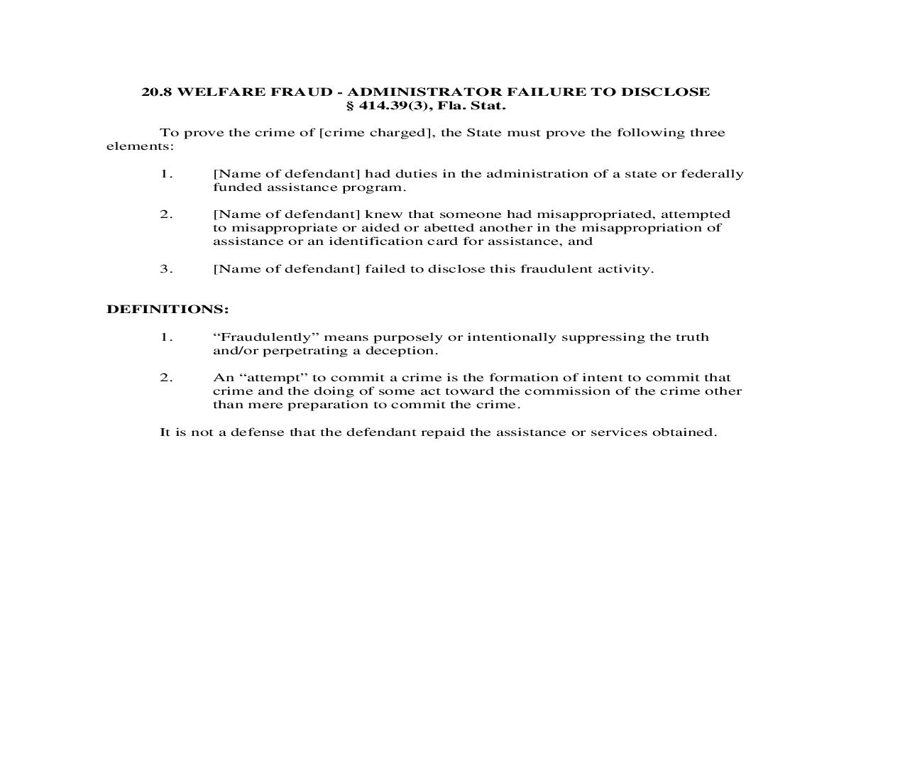 20.8. Welfare Fraud - Administrator Failure To Disclose | Pdf Doc Docx | Florida_JI
