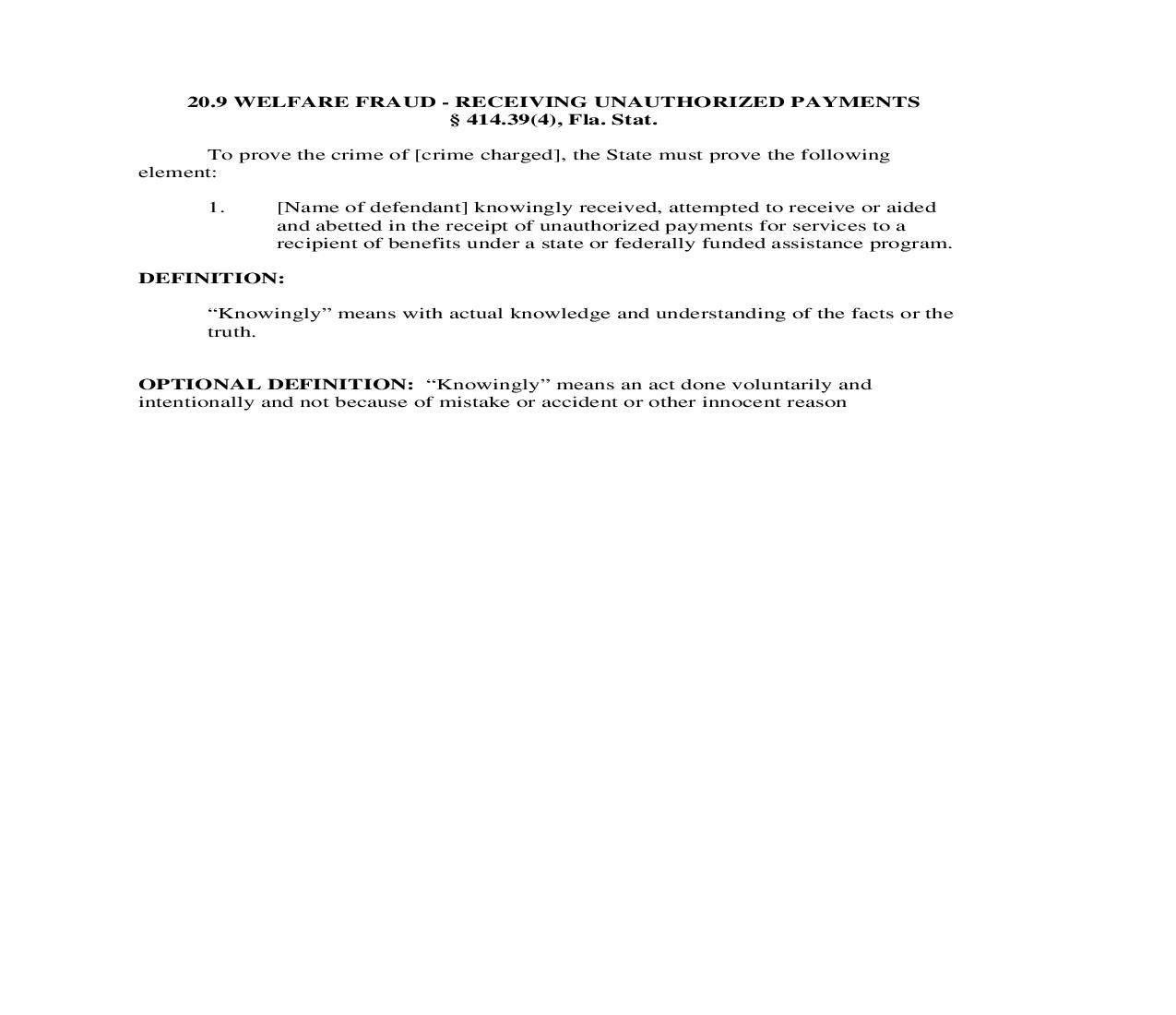 20.9. Welfare Fraud - Receiving Unauthorized Payments | Pdf Doc Docx | Florida_JI