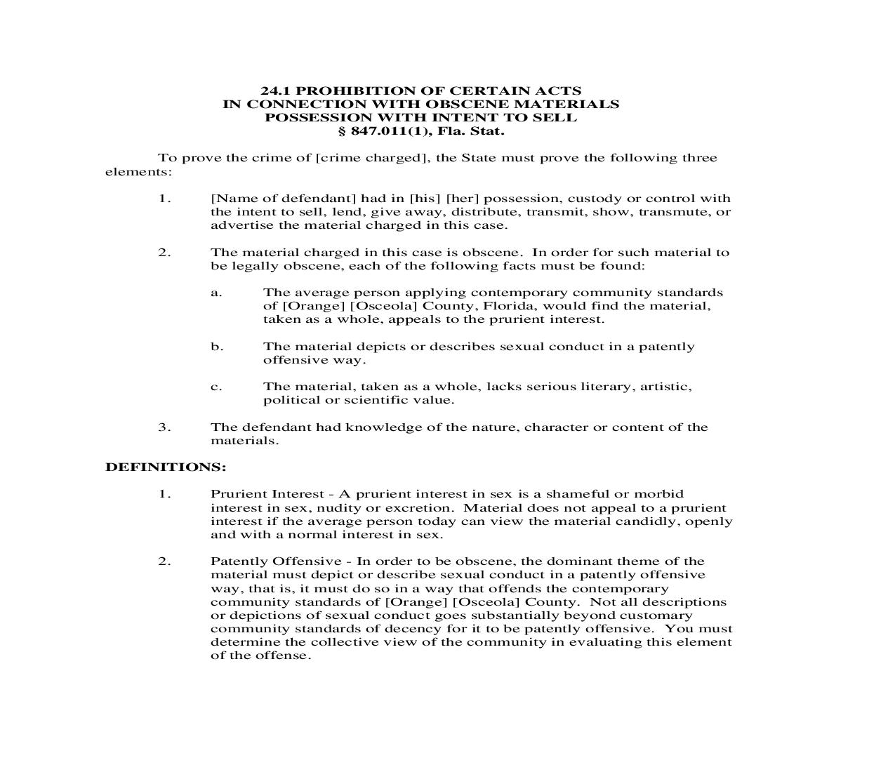 24.1. Prohibition Of Certain Acts In Connection With Obscene Materials Possession With Intent To Sell | Pdf Doc Docx | Florida_JI