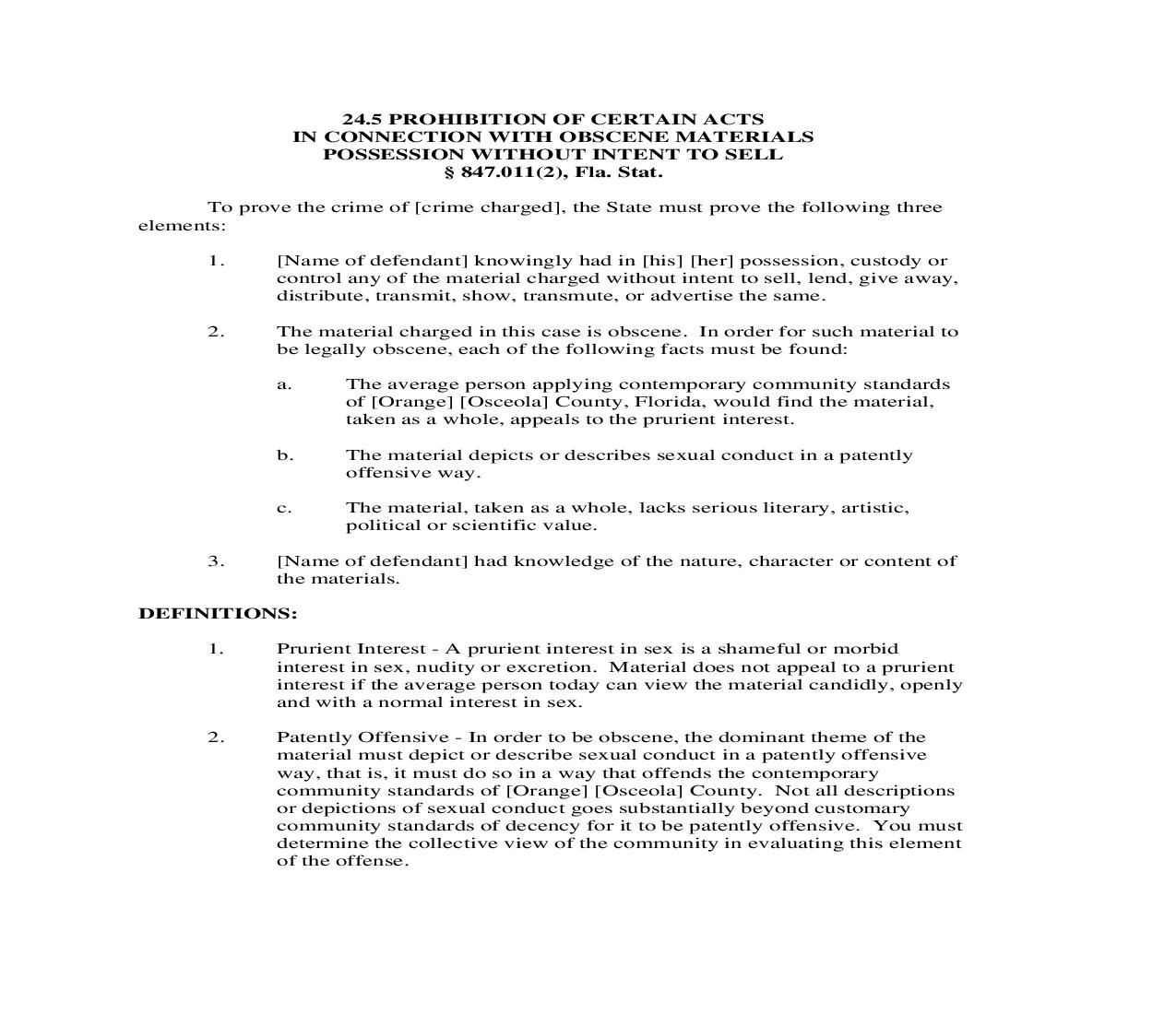 24.5. Prohibition Of Certain Acts In Connection With Obscene Materials Possession Without Intent To Sell | Pdf Doc Docx | Florida_JI