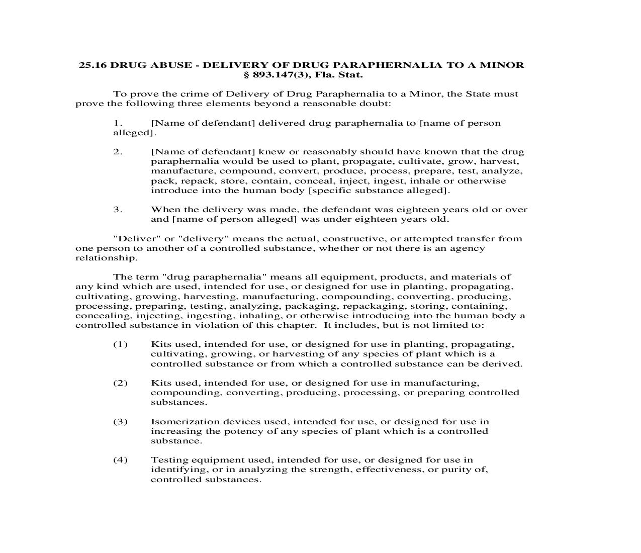 25.16. Drug Abuse - Delivery Of Drug Paraphernalia To A Minor | Pdf Doc Docx | Florida_JI