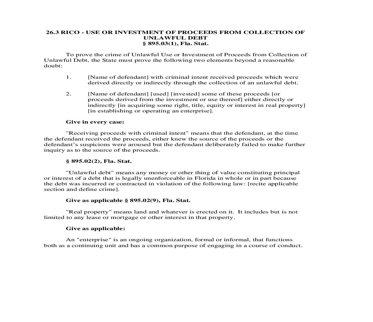 26.3. RICO - Use Or Investment Of Proceeds From Collection Of Unlawful Debt | Pdf Doc Docx | Florida_JI