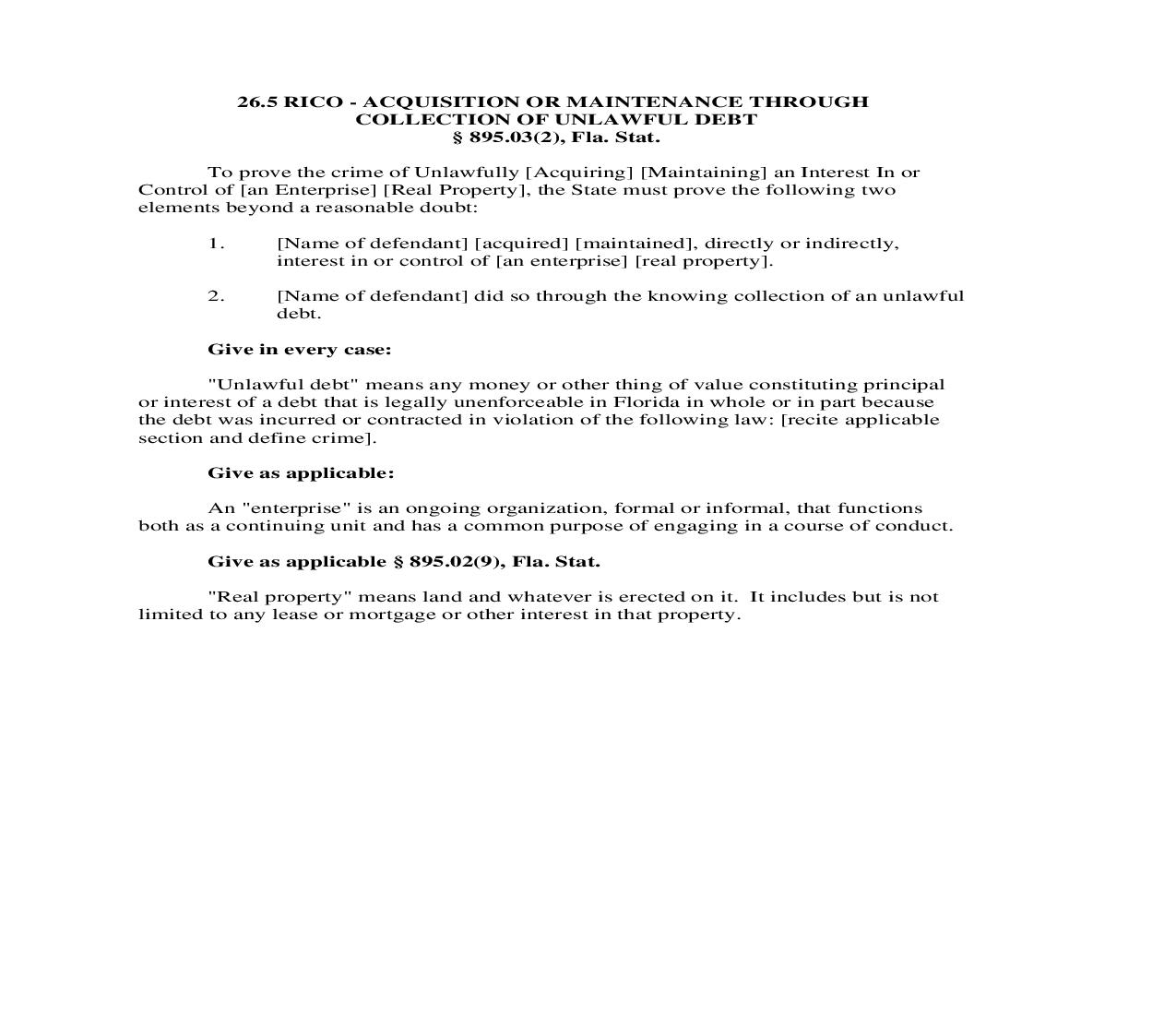 26.5. RICO - Acquisition Or Maintenance Through Collection Of Unlawful Debt | Pdf Doc Docx | Florida_JI