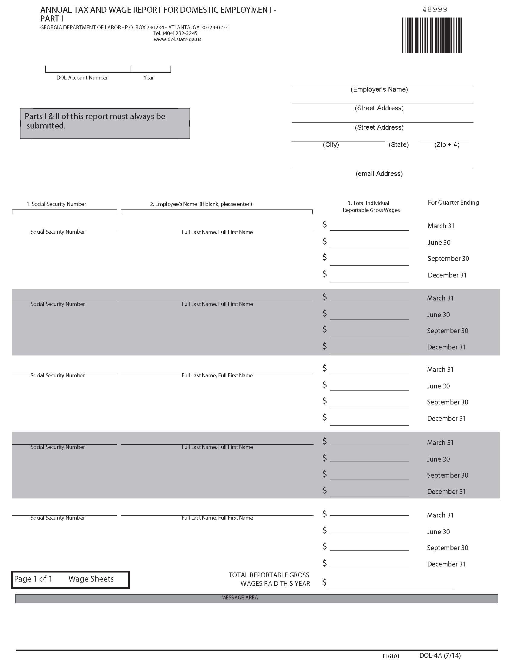 Annual Tax And Wage Report For Domestic Employment {DOL-4A} | Pdf Fpdf Docx | Georgia