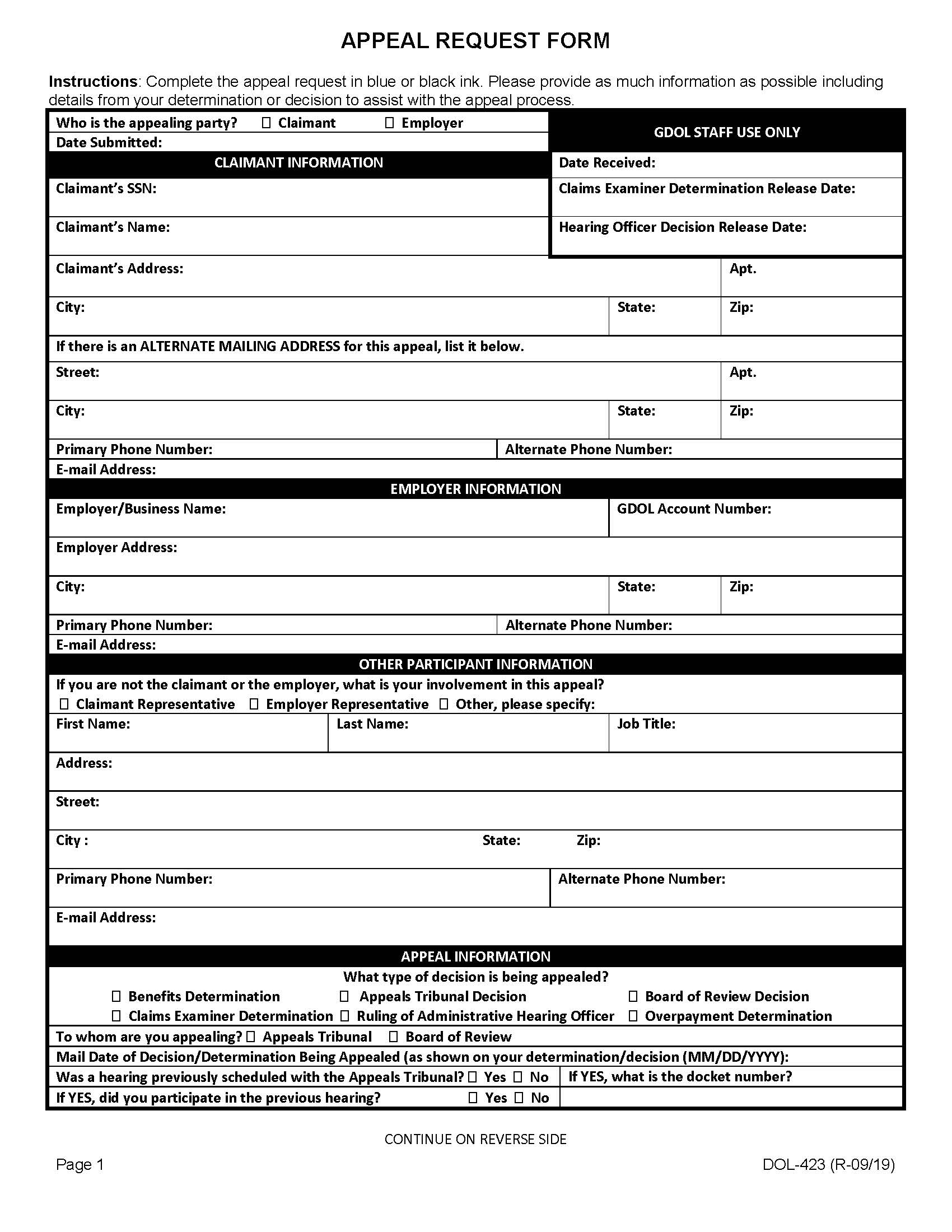 Appeal Request Form {DOL-423} | Pdf Fpdf Docx | Georgia
