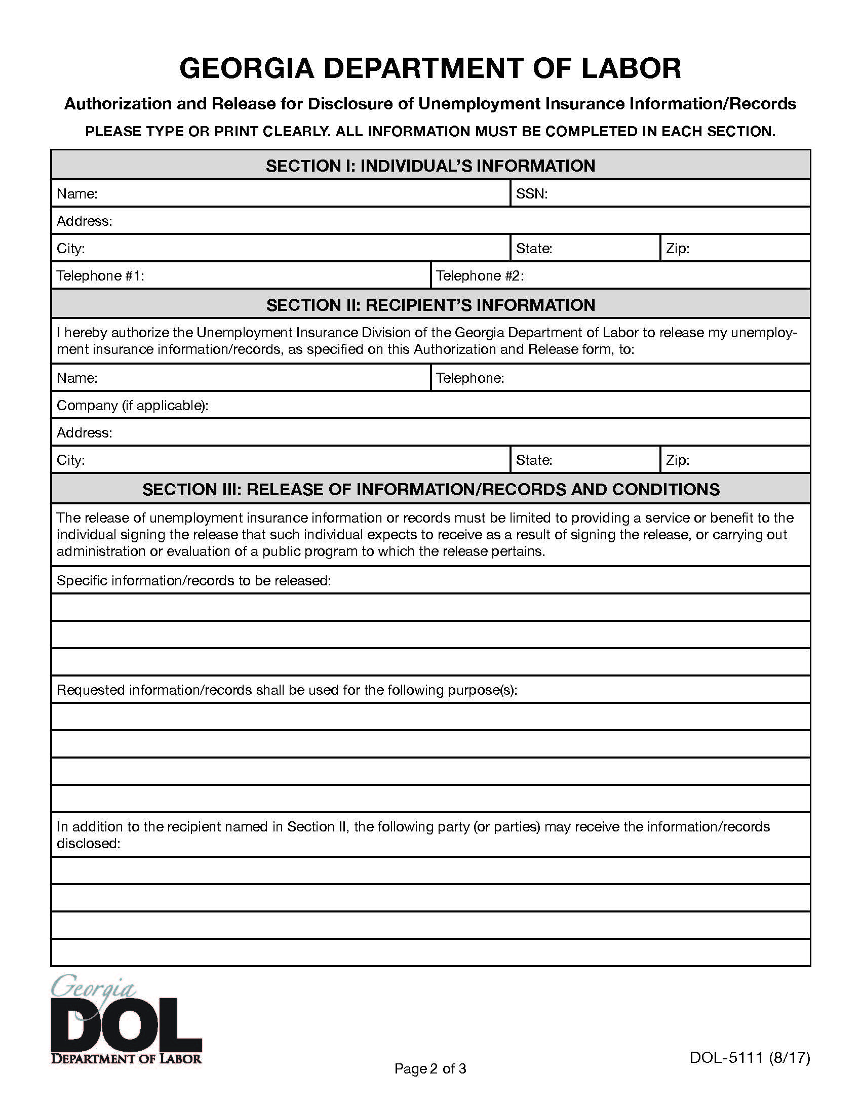 Authorization And Release For Disclosure Of Unemployment Insurance Information {DOL-5111} | Pdf Fpdf Docx | Georgia