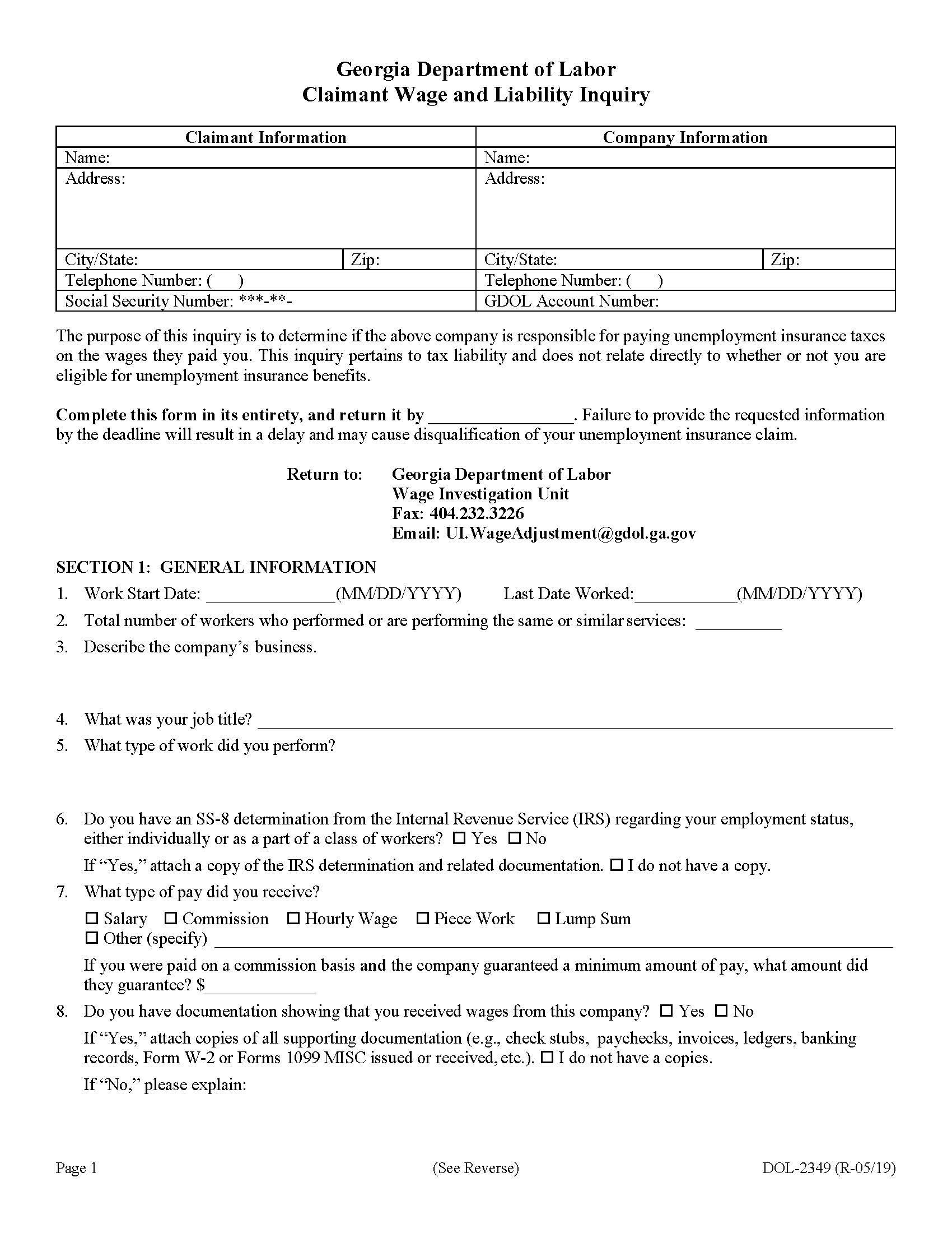 Claimant Wage And Liability Inquiry {DOL-2349C} | Pdf Fpdf Docx | Georgia