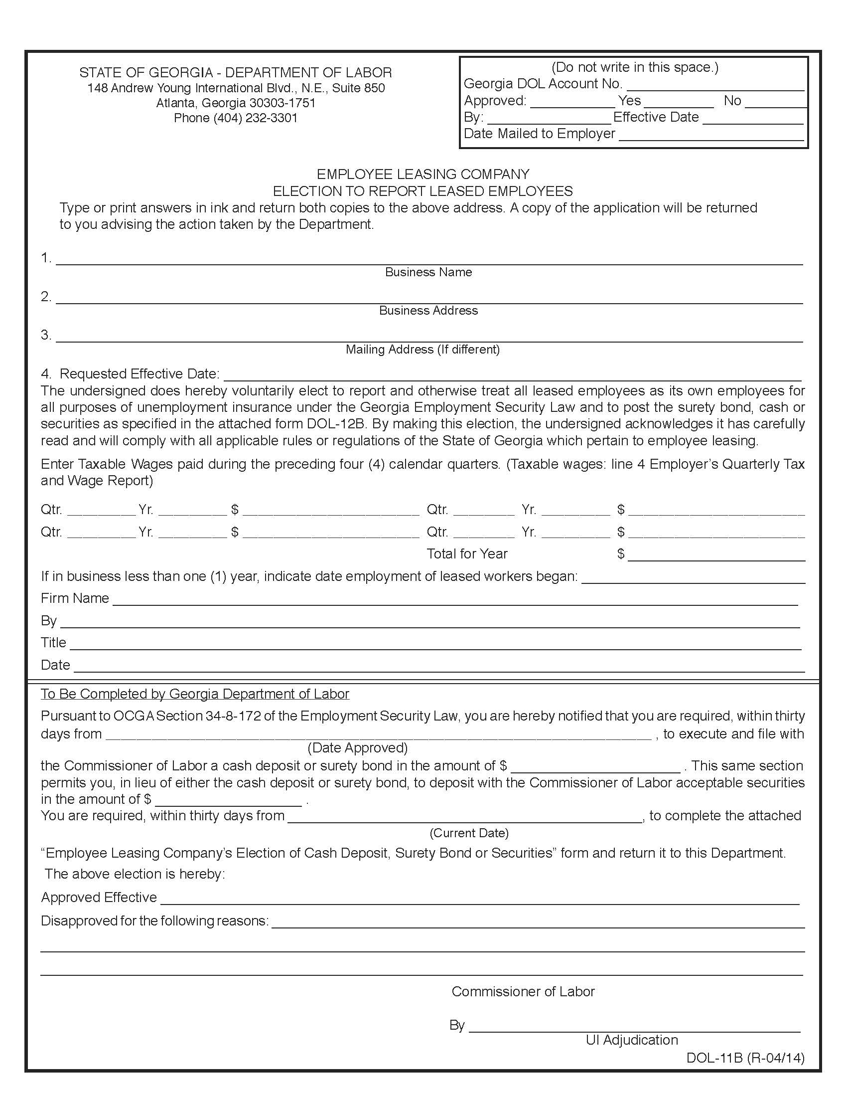 Employee Leasing Company Election Report Leased Employees {DOL-11B} | Pdf Fpdf Doc Docx | Georgia