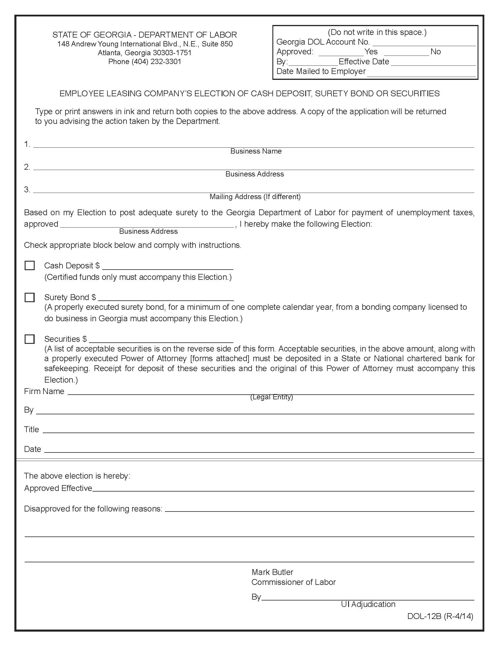 Employee Leasing Companys Election Of Cash Deposit Surety Bond Or Securities {DOL-12B} | Pdf Fpdf Doc Docx | Georgia