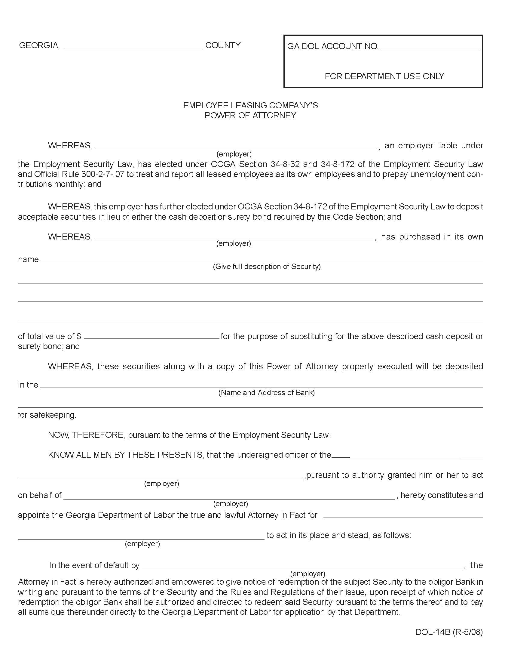 Employee Leasing Companys Power Of Attorney {DOL-14B} | Pdf Fpdf Doc Docx | Georgia