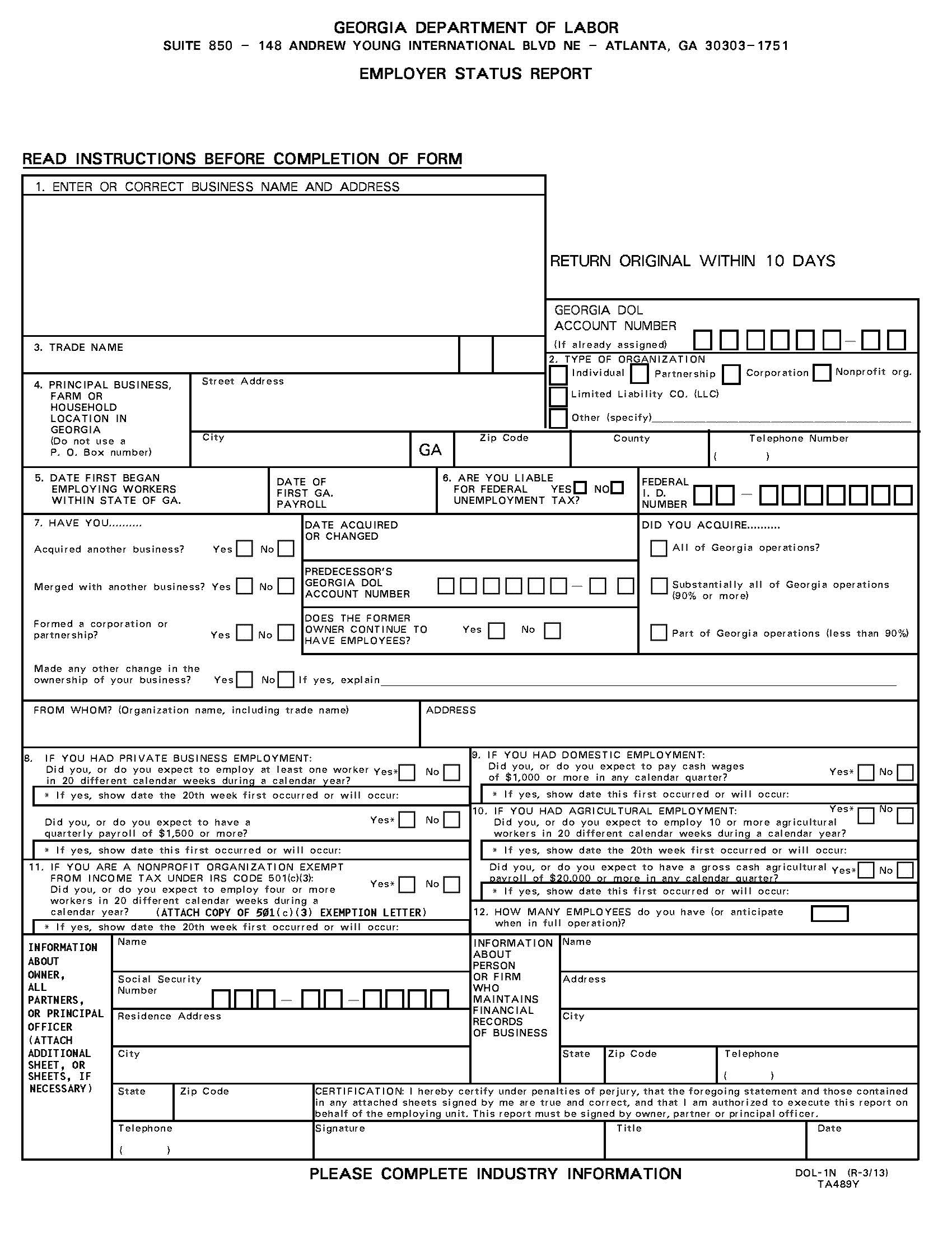 Employer Status Report {DOL-1N} | Pdf Fpdf Docx | Georgia