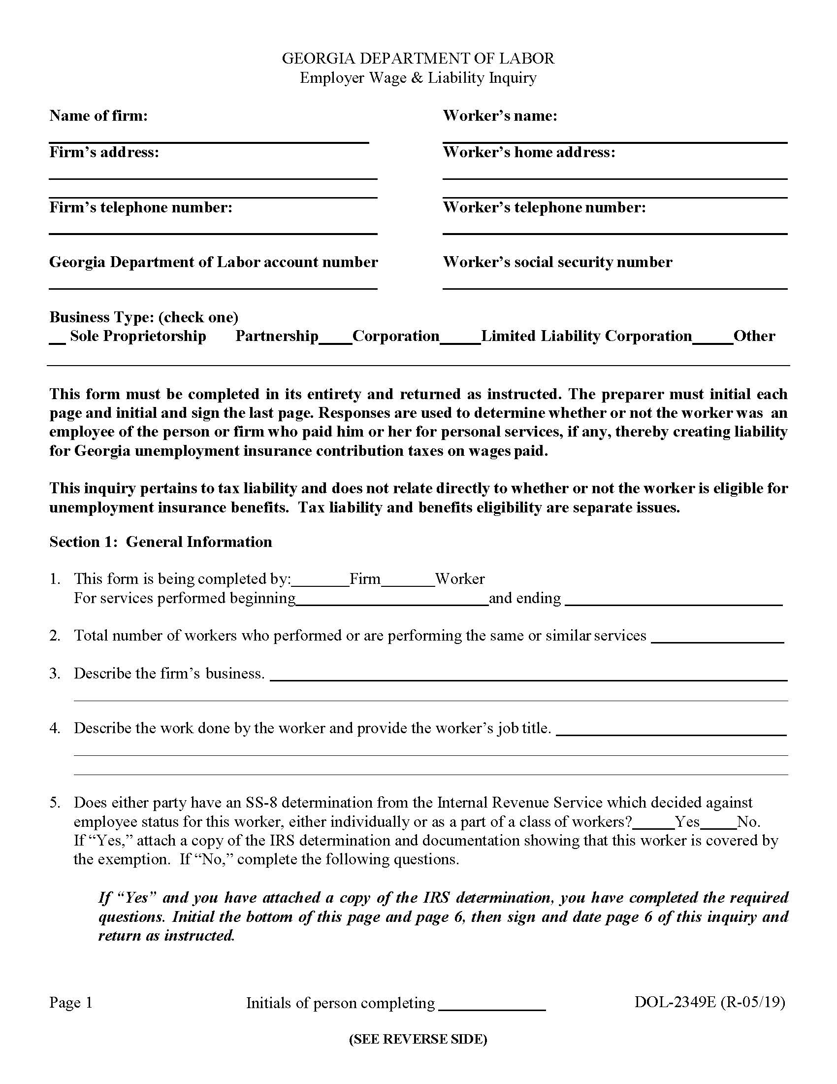 Employer Wage And Liability Inquiry {DOL-2349E} | Pdf Fpdf Docx | Georgia