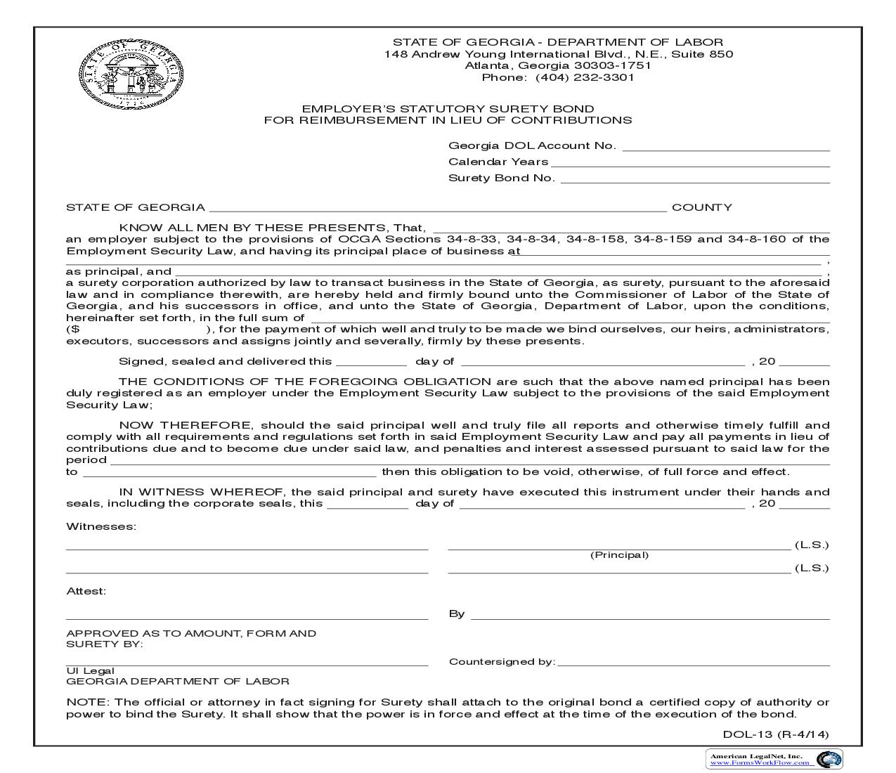 Employers Statutory Surety Bond For Reimbursement In Lieu Of Contributions {DOL-13} | Pdf Fpdf Doc Docx | Georgia