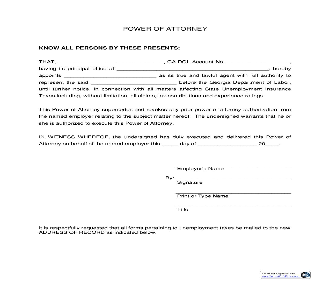 Power Of Attorney (Dept. Of Labor) | Pdf Fpdf Doc Docx | Georgia