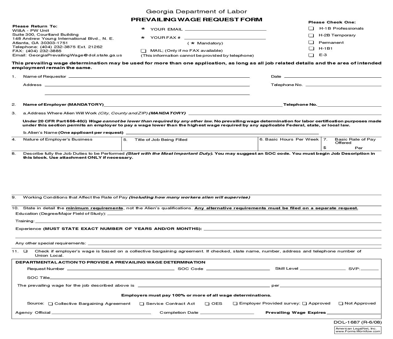Prevailing Wage Request Form {DOL-1687} | Pdf Fpdf Doc Docx | Georgia
