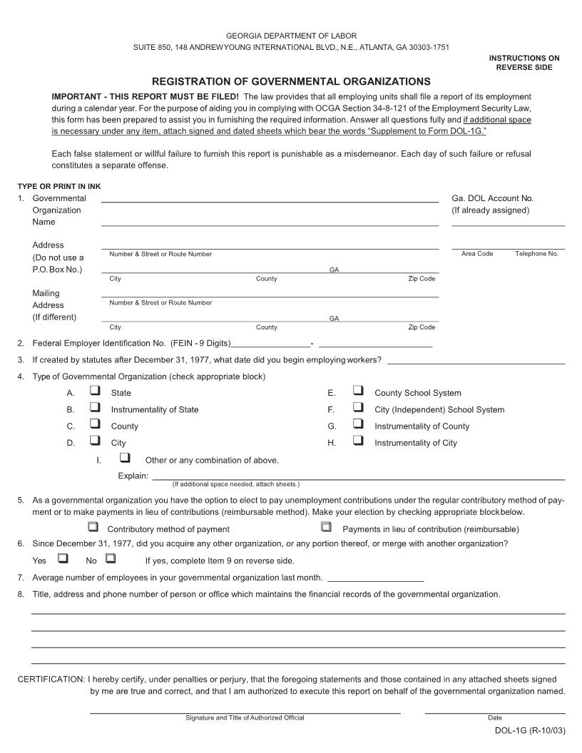 Registration Of Governmental Organizations {DOL-1G} | Pdf Fpdf Docx | Georgia