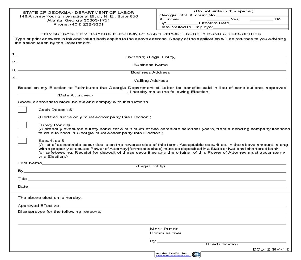 Reimbursable Employers Election Of Cash Deposit Surety Bond Or Securities {DOL-12} | Pdf Fpdf Doc Docx | Georgia