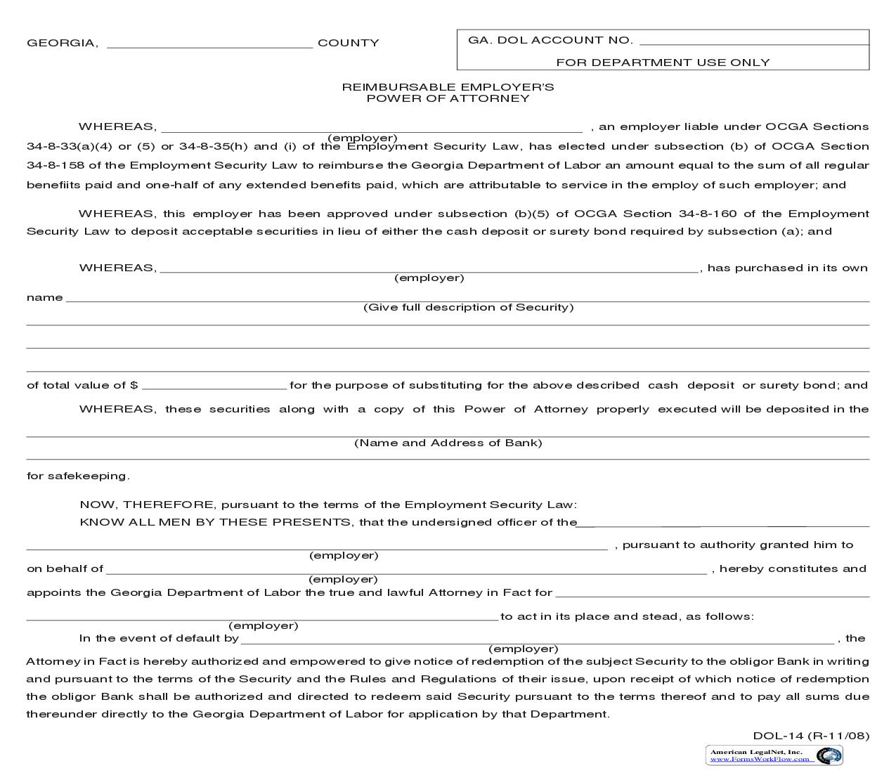 Reimbursable Employers Power Of Attorney {DOL-14} | Pdf Fpdf Doc Docx | Georgia
