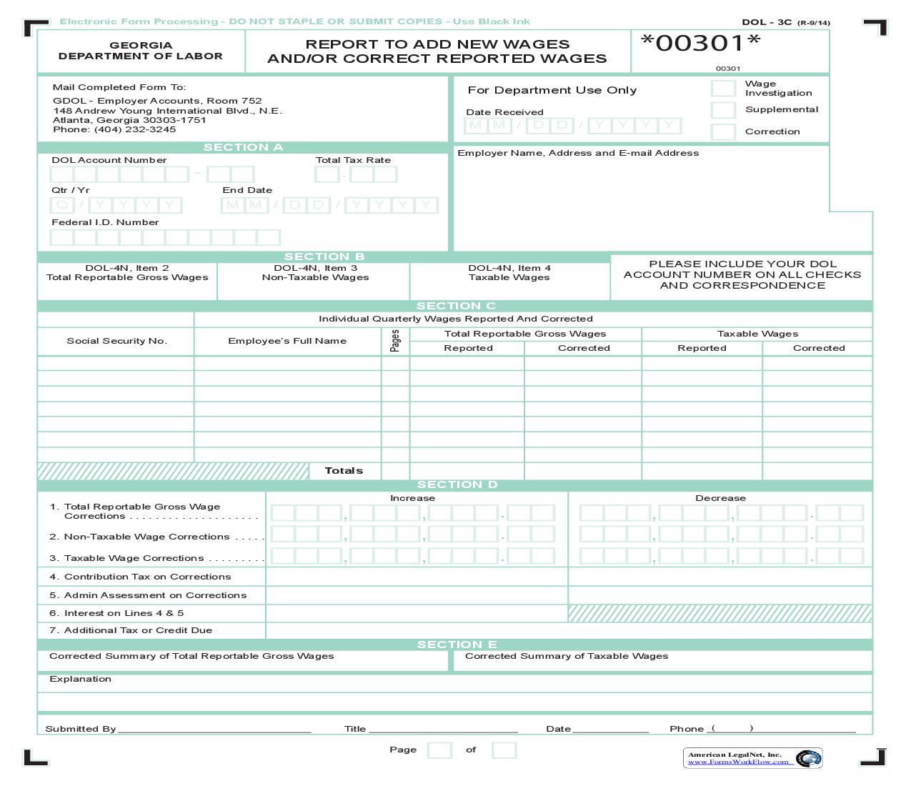 Report To Add New Wages And Or Correct Reported Wages {DOL-3C} | Pdf Fpdf Doc Docx | Georgia
