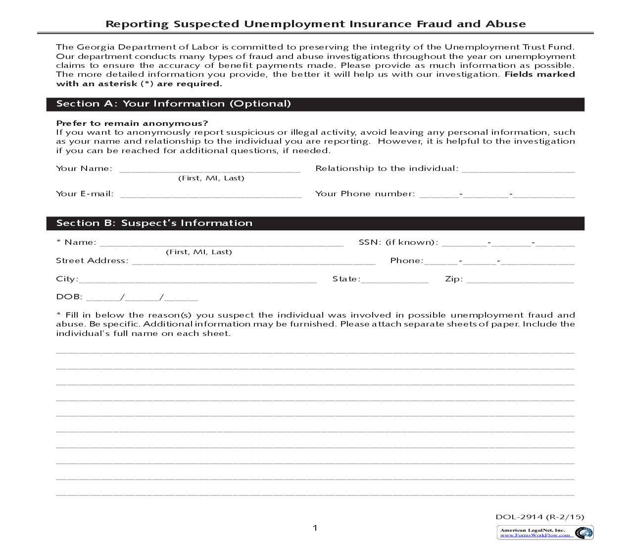 Reporting Suspected Unemployment Insurance Fraud And Abuse {DOL-2914} | Pdf Fpdf Doc Docx | Georgia