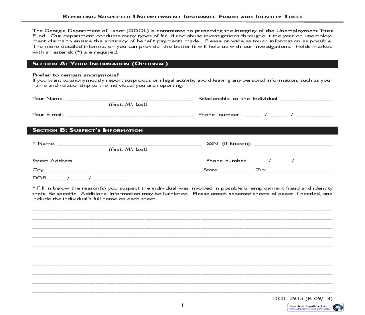 Reporting Suspected Unemployment Insurance Fraud And Identity Theft {DOL-2915} | Pdf Fpdf Doc Docx | Georgia