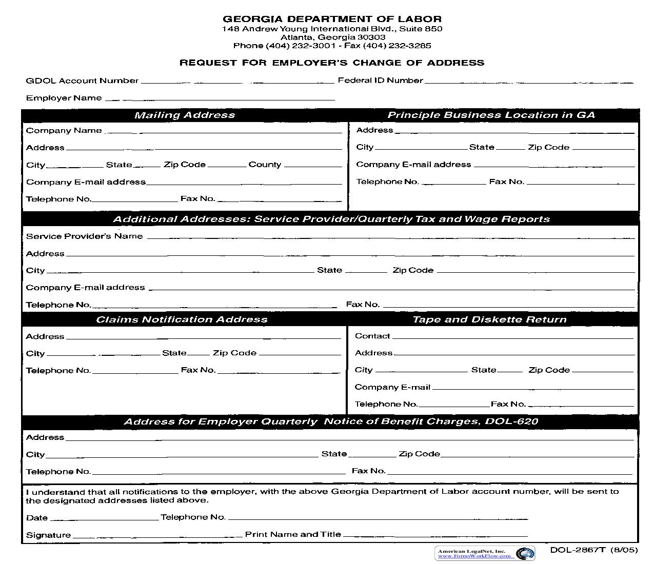 Request For Employers Change Of Address {DOL-2867T} | Pdf Fpdf Doc Docx | Georgia