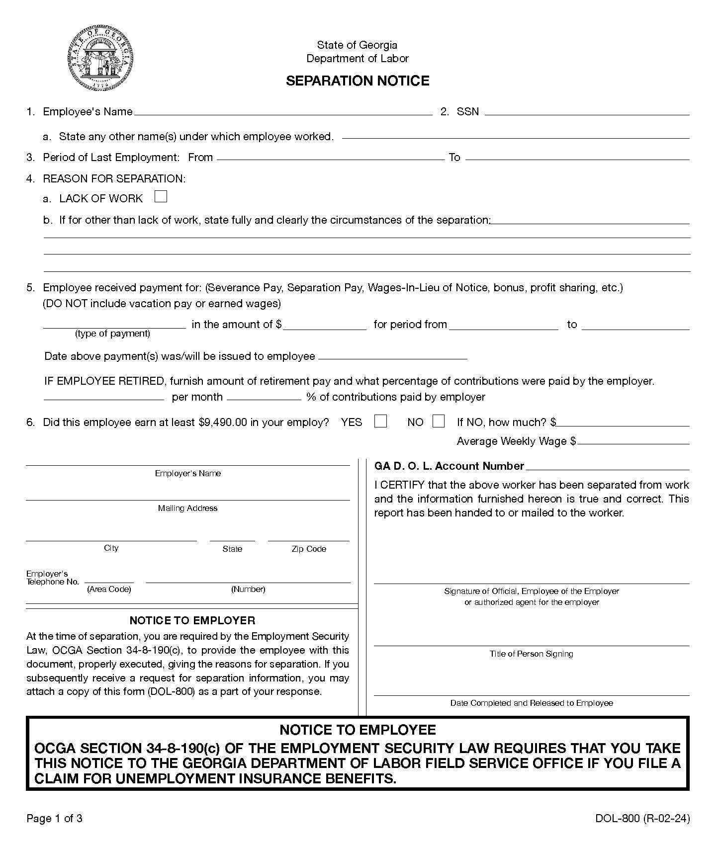 Separation Notice {DOL-800} | Pdf Fpdf Docx | Georgia