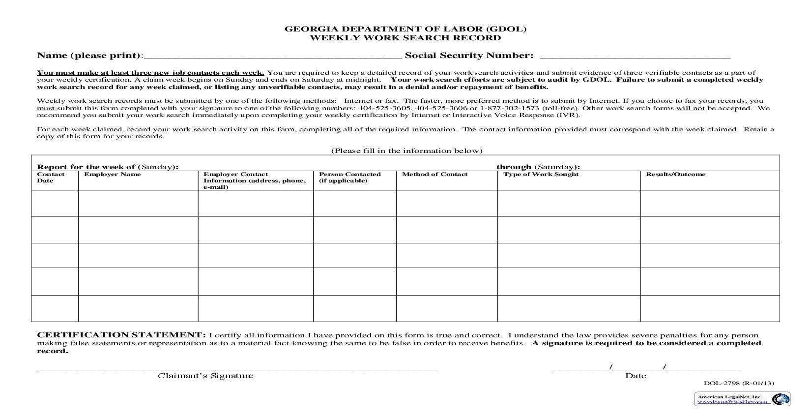 Weekly Work Search Record {DOL-2798} | Pdf Fpdf Doc Docx | Georgia