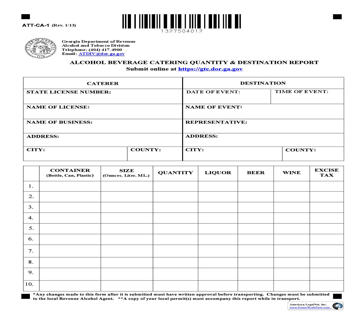 Alcoholic Beverage Catering Quantity And Destination Report {ATT-CA-1} | Pdf Fpdf Doc Docx | Georgia
