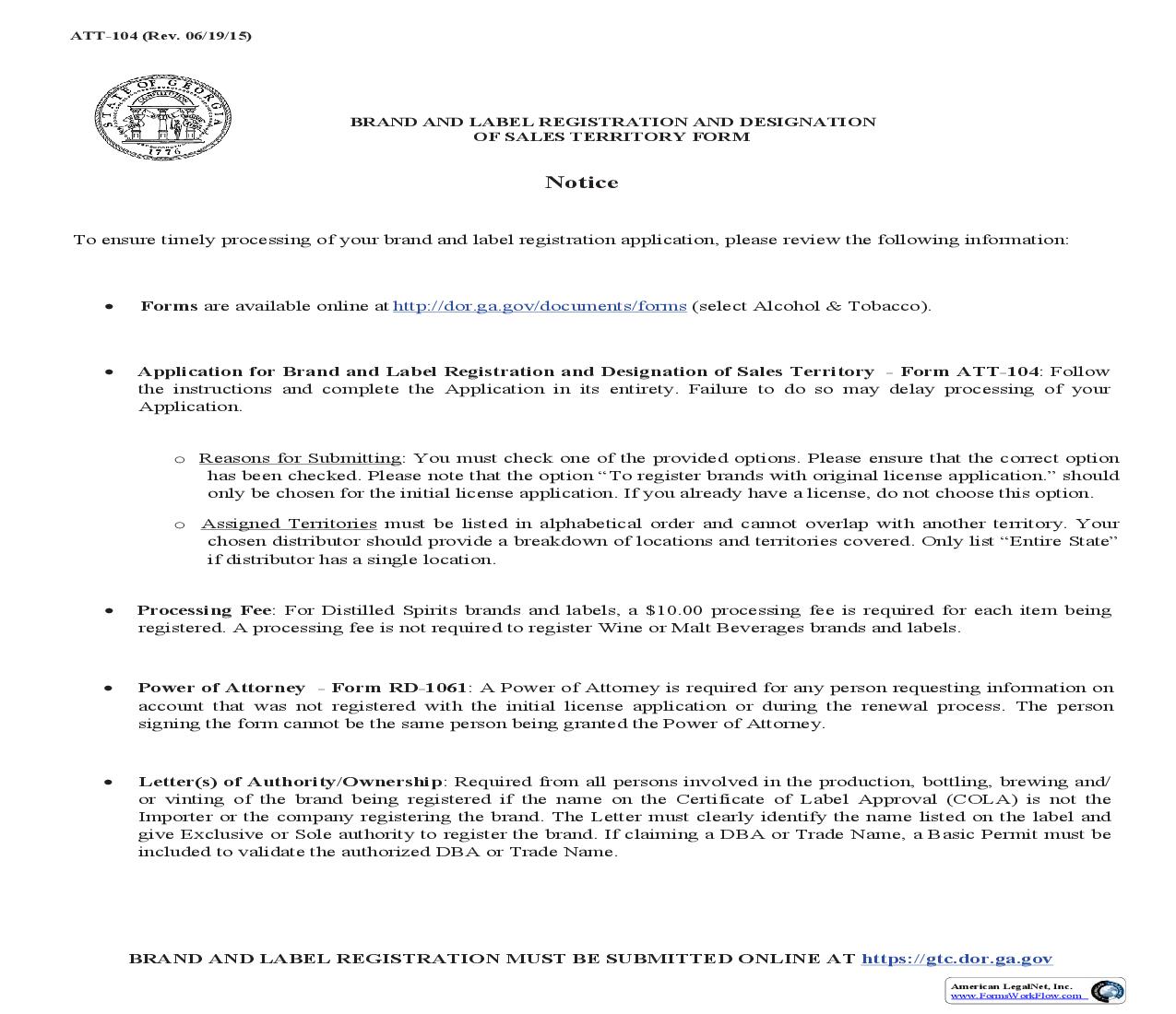 Application For Brand And Label Registration And Designation Of Sales Territory {ATT-104} | Pdf Fpdf Doc Docx | Georgia