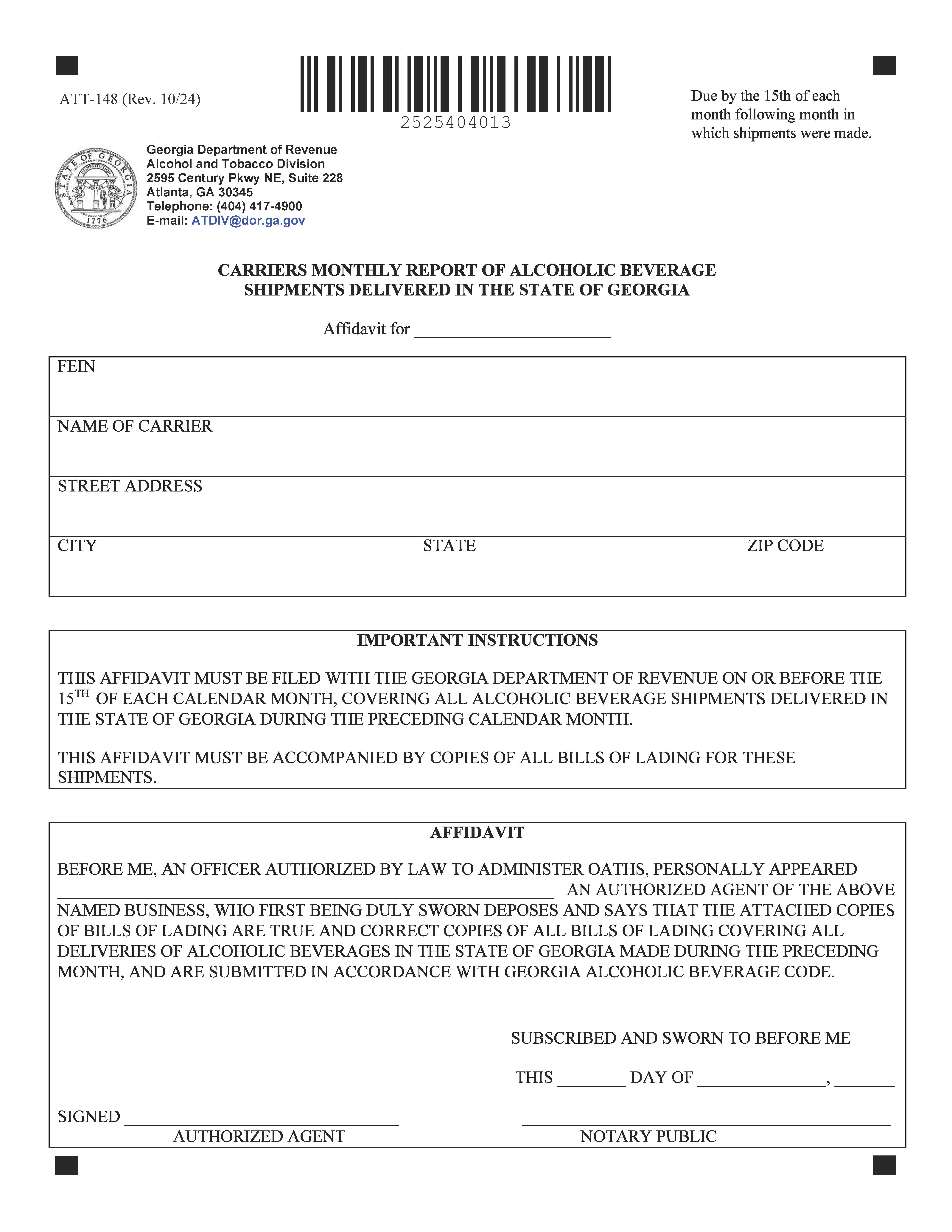 Carriers Monthly Report Of Alcoholic Beverage Shipments Delivered In State Of Georgia {ATT-148} | Pdf Fpdf Doc Docx | Georgia