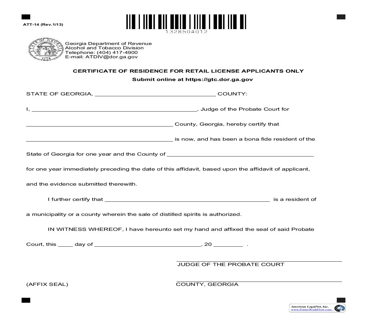 Certificate Of Residence For Retail License Applicants Only {ATT-14} | Pdf Fpdf Doc Docx | Georgia