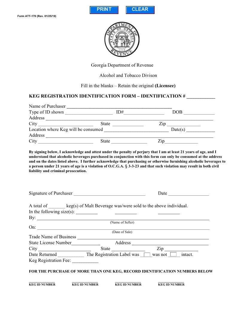 Keg Registration Identification Form {ATT-170} | Pdf Fpdf Docx | Georgia