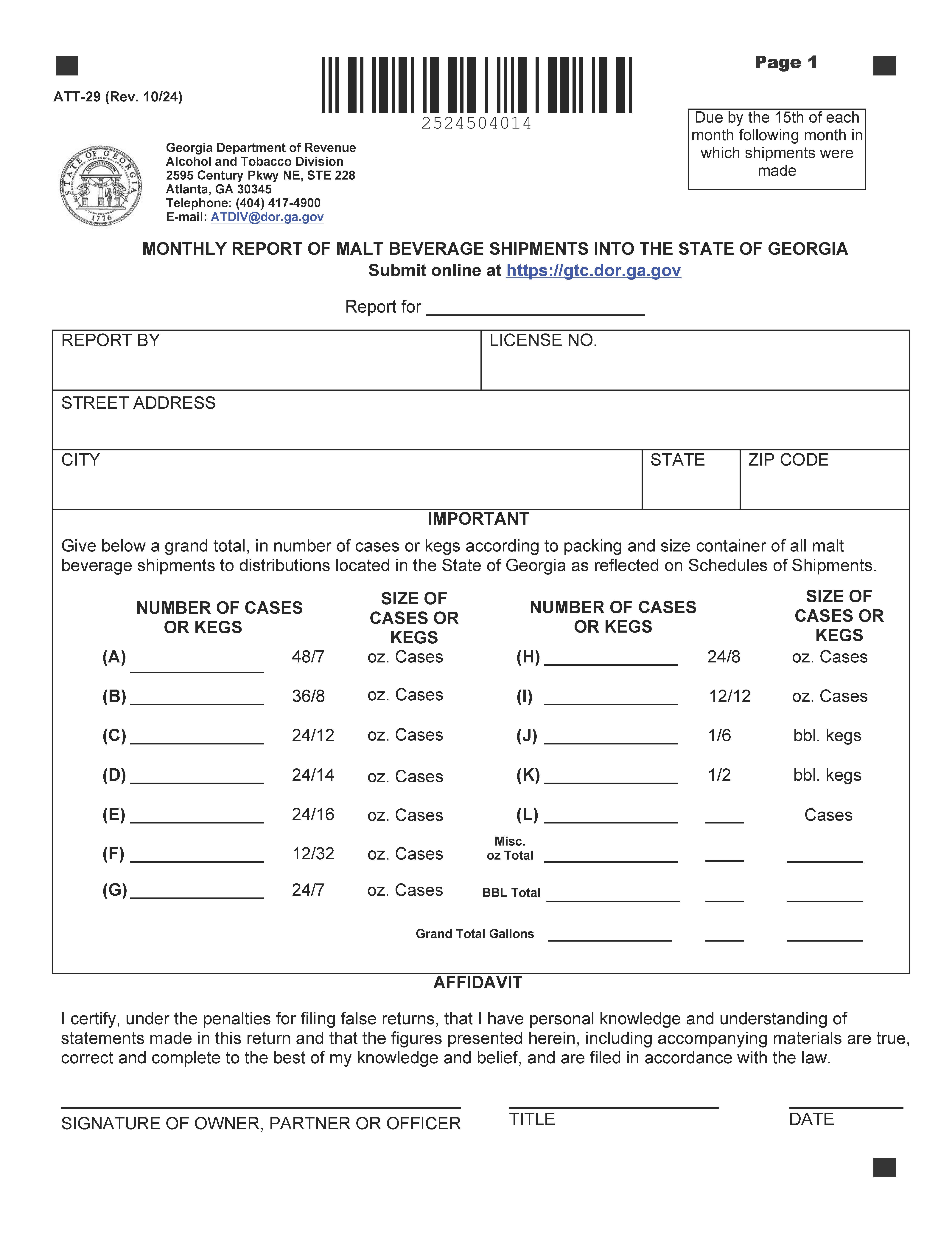 Monthly Report Of Malt Beverage Shipments Into State Of Georgia {ATT-29} | Pdf Fpdf Doc Docx | Georgia